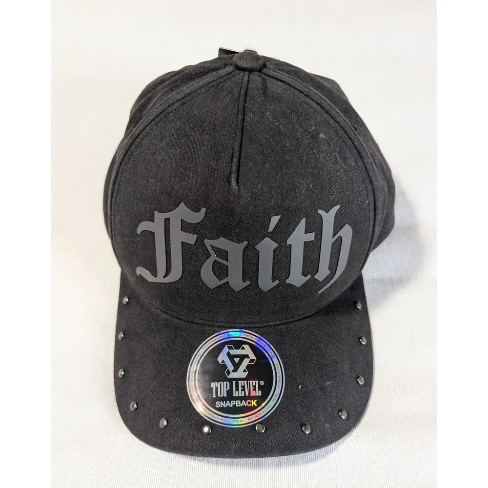 Top Level Hat Men One Size Faith Old English Graphic Studded Brim Black Snapback